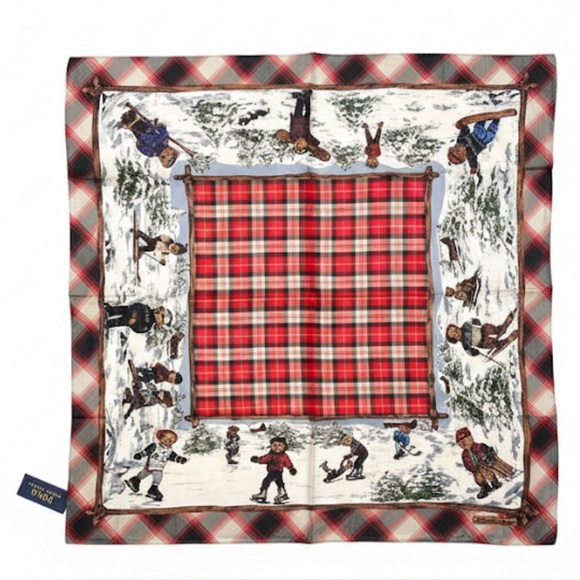 Polo Ralph Lauren Bear Winter Scarf Red Plaid Holiday Ski Skating Rare - Picture 17 of 17